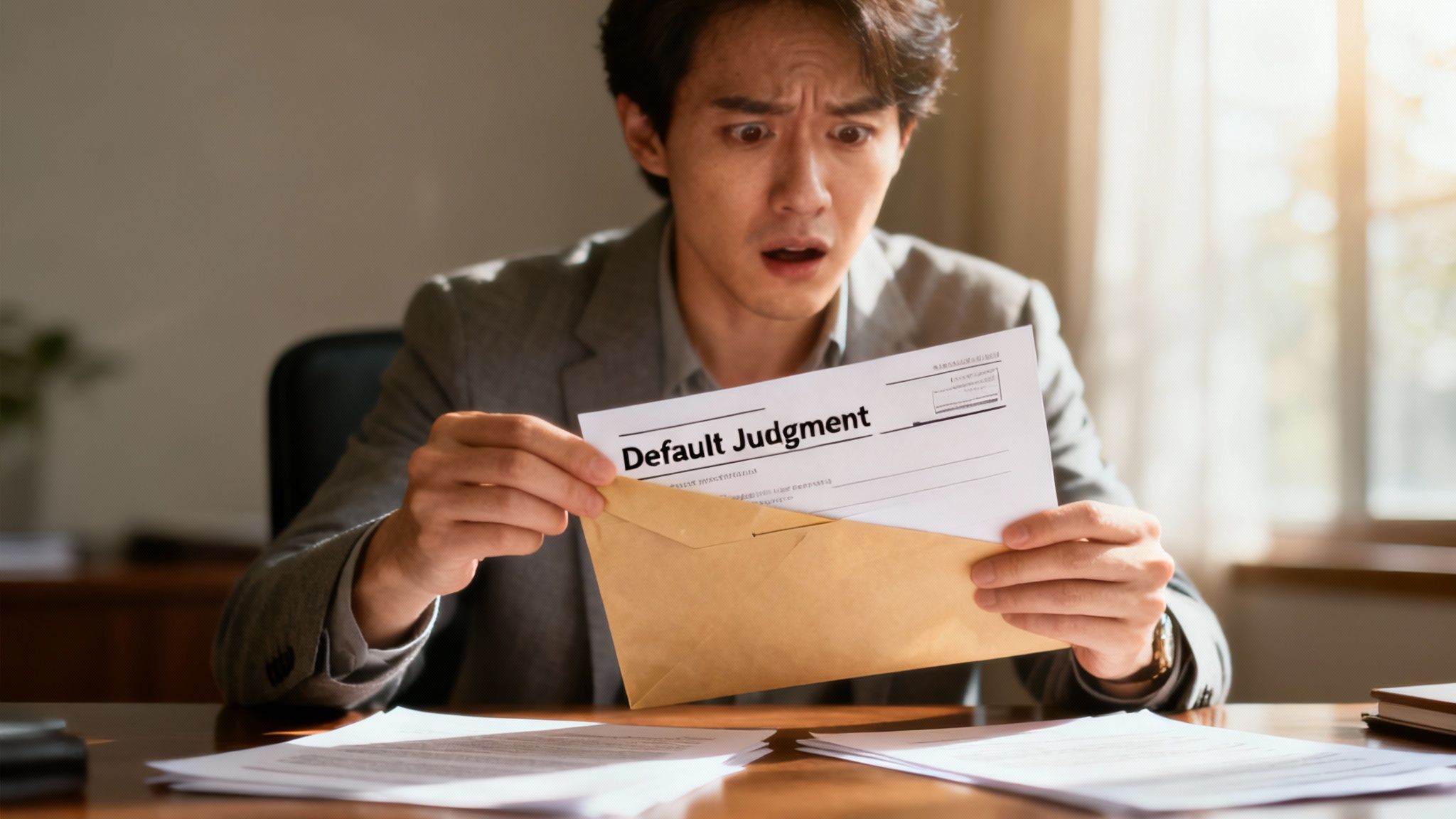 A person looking stressed while reviewing legal documents.