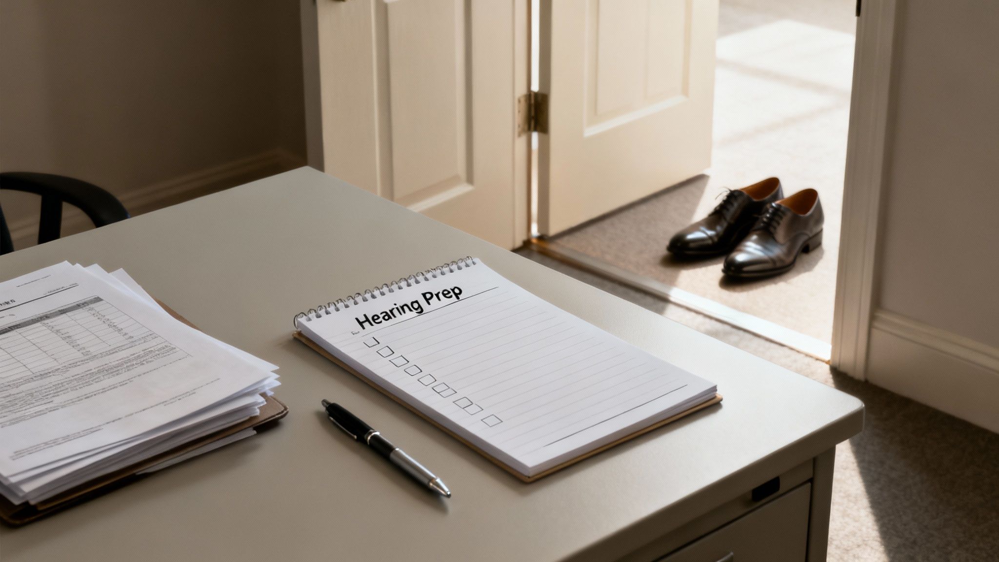 A person sitting at a desk, carefully organizing documents and taking notes, symbolizing preparation for a legal hearing.