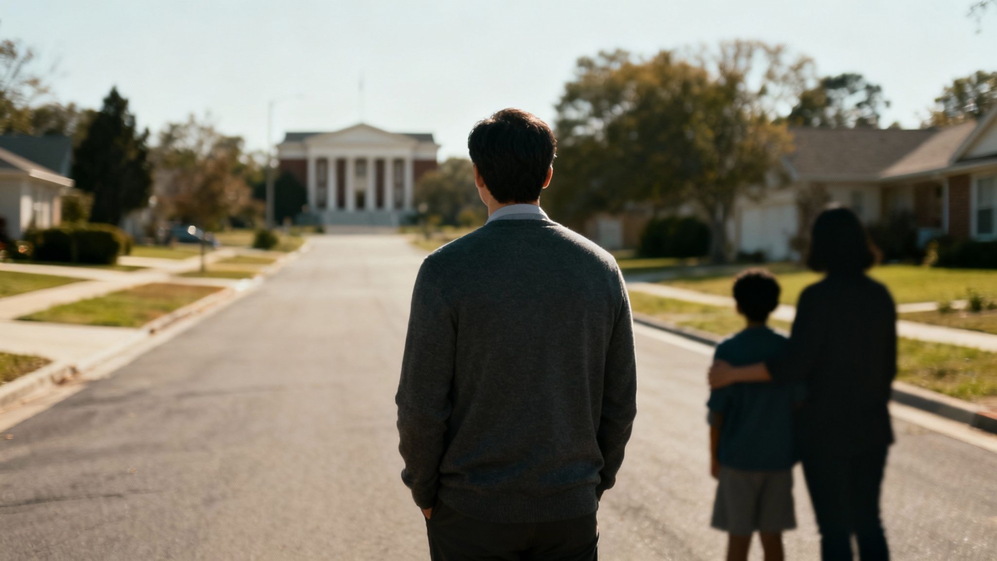 Un hombre y una familia caminan por una calle suburbana hacia un gran edificio gubernamental, simbolizando un futuro.