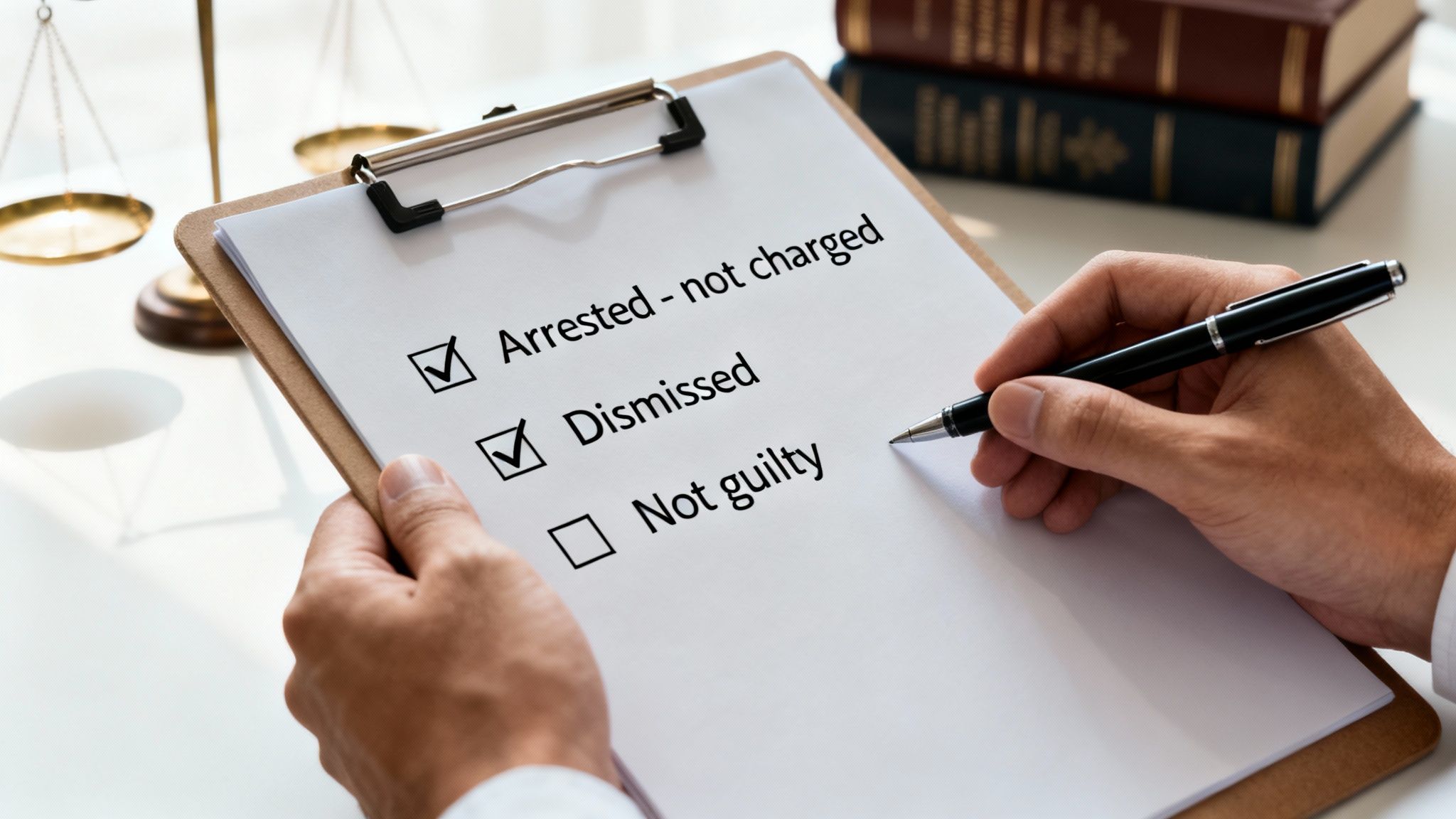 A person marks a legal checklist with 'Arrested - not charged' and 'Dismissed' checked, with scales of justice in the background.