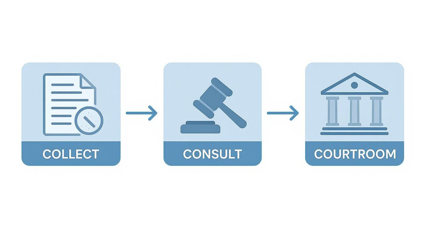 A three-step legal process flow: collect evidence, consult legal advice, and go to courtroom.