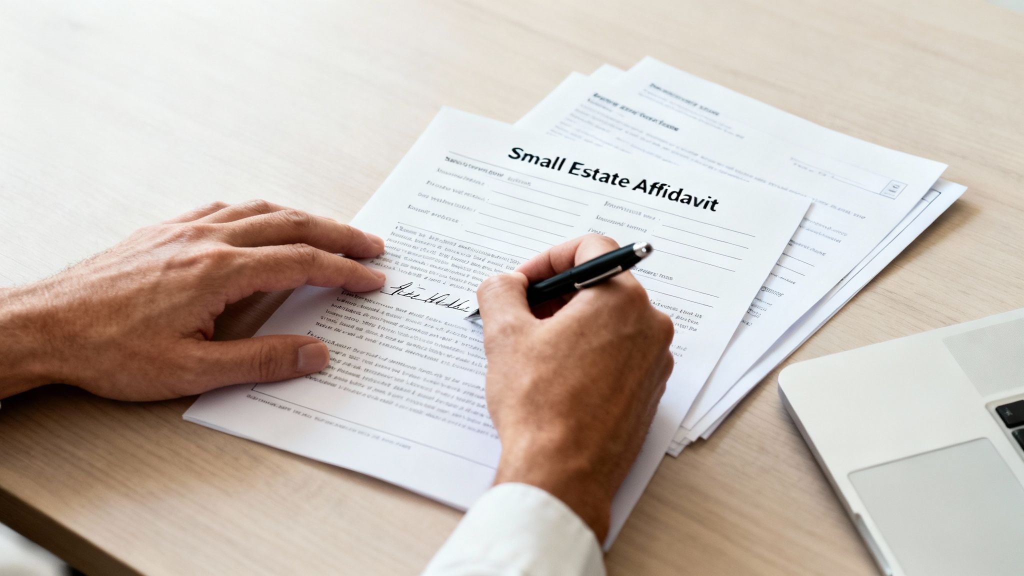 Close-up of hands signing a 'Small Estate Affidavit' form on a wooden desk with a laptop.