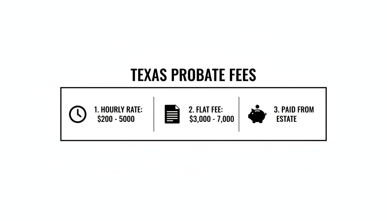 Infographic outlining Texas probate fees, showing hourly rates, flat fees, and that they are paid from the estate.