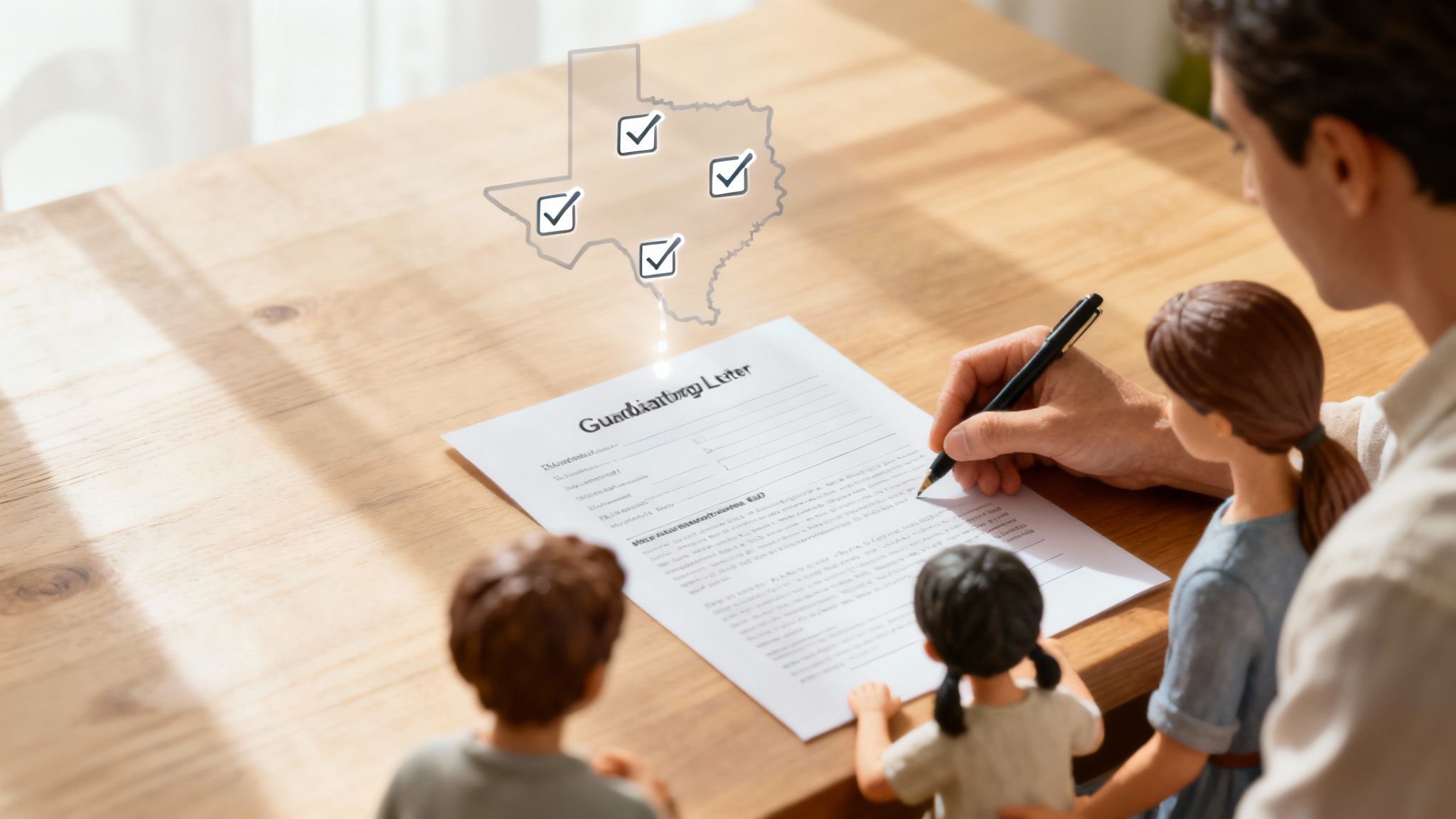 Person writing a guardianship letter on a table with Texas map and checkmarks, accompanied by three child figurines, symbolizing guardianship and family relationships.