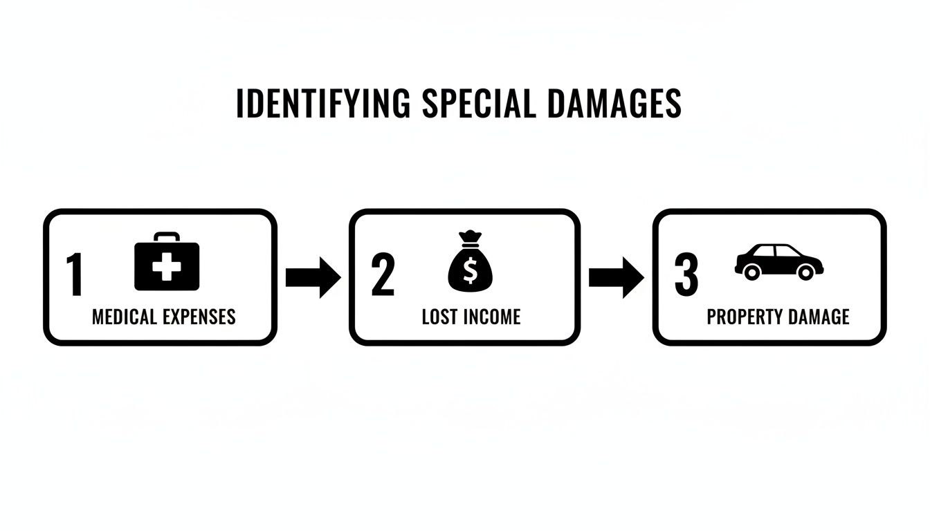 Flowchart illustrating special damages, including medical expenses, lost income, and property damage categories.