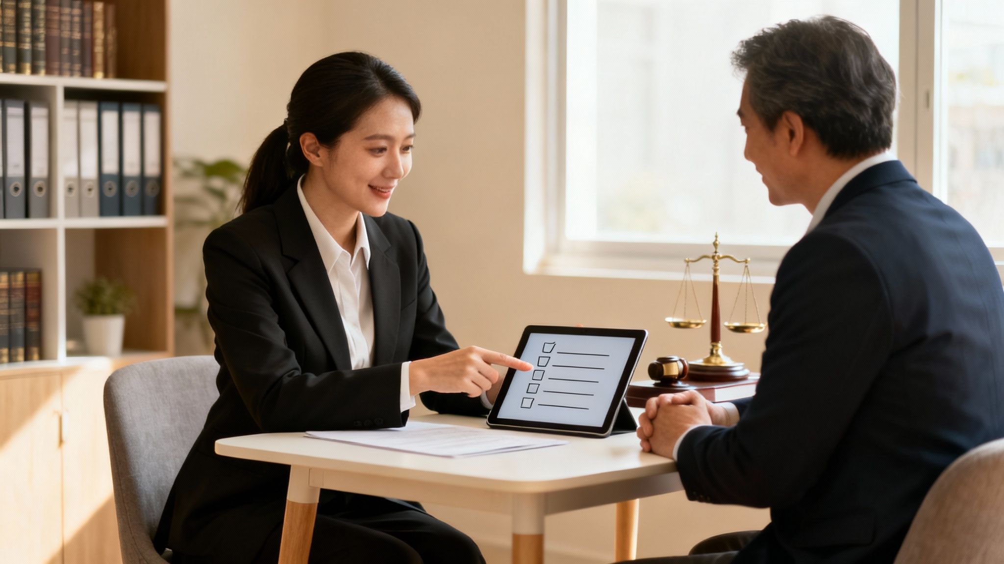 Lawyer consulting with client, discussing legal options for DWI case, using tablet with checklist and legal scales in background.