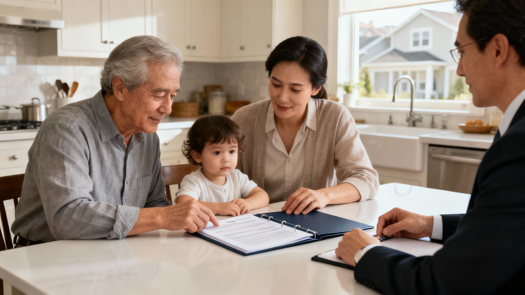 Family discussing estate planning documents with attorney in a kitchen setting, emphasizing the importance of securing their future.