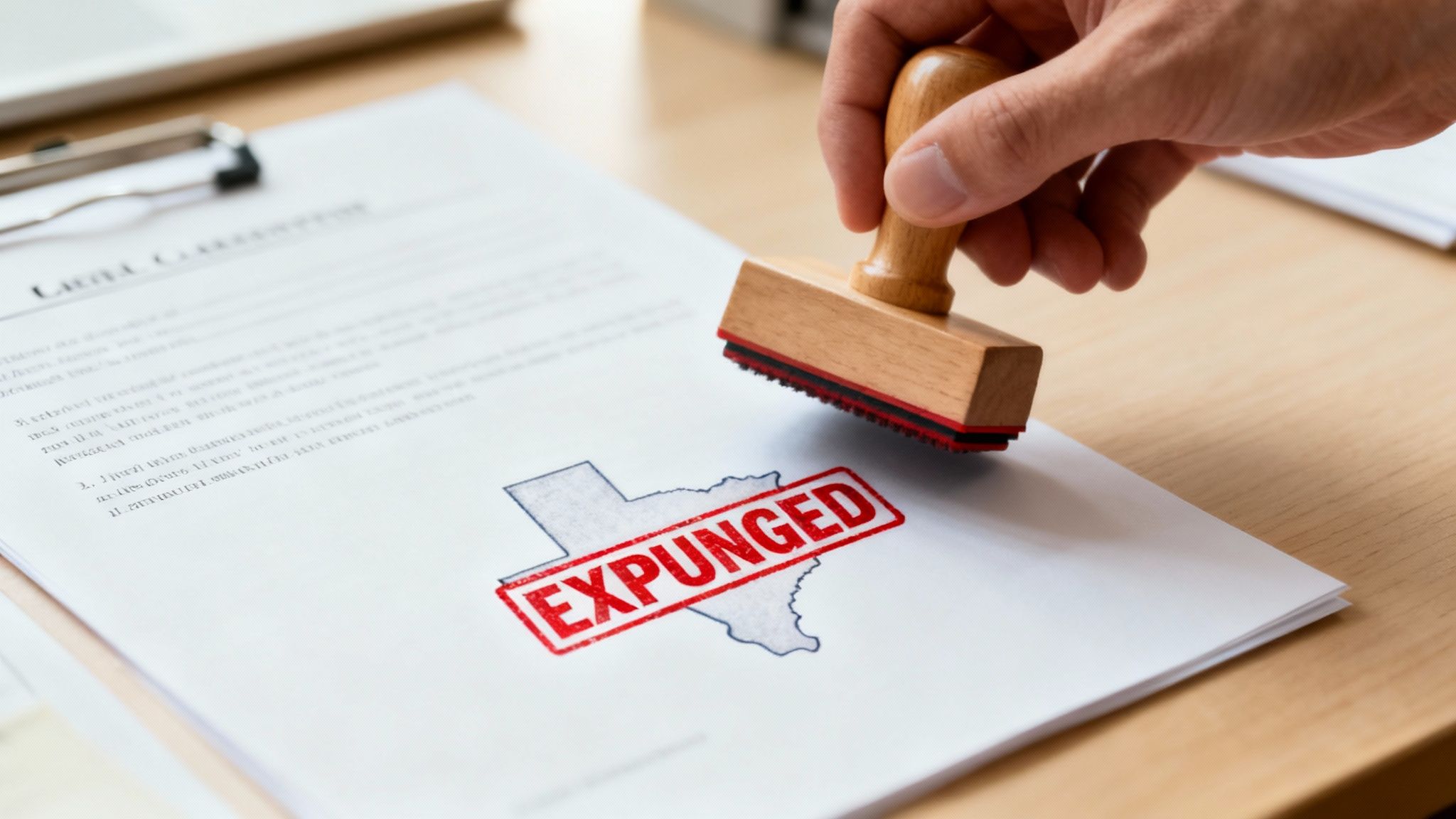 Hand stamping a document with "EXPUNGED" over a Texas outline, symbolizing the expungement process for clearing criminal records in Texas.