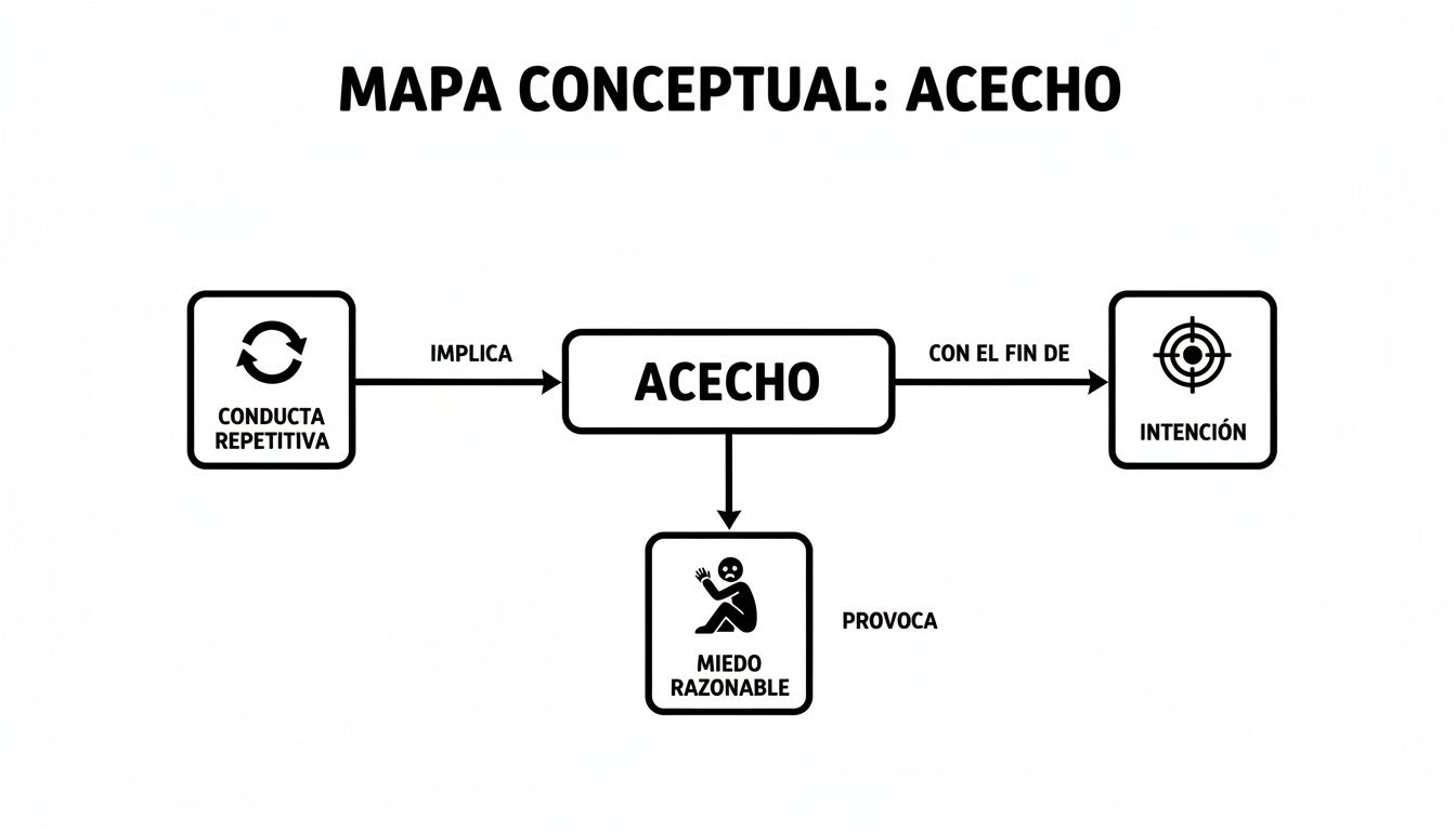 Mapa conceptual de acecho que ilustra conducta repetitiva, intención y el miedo razonable que provoca.