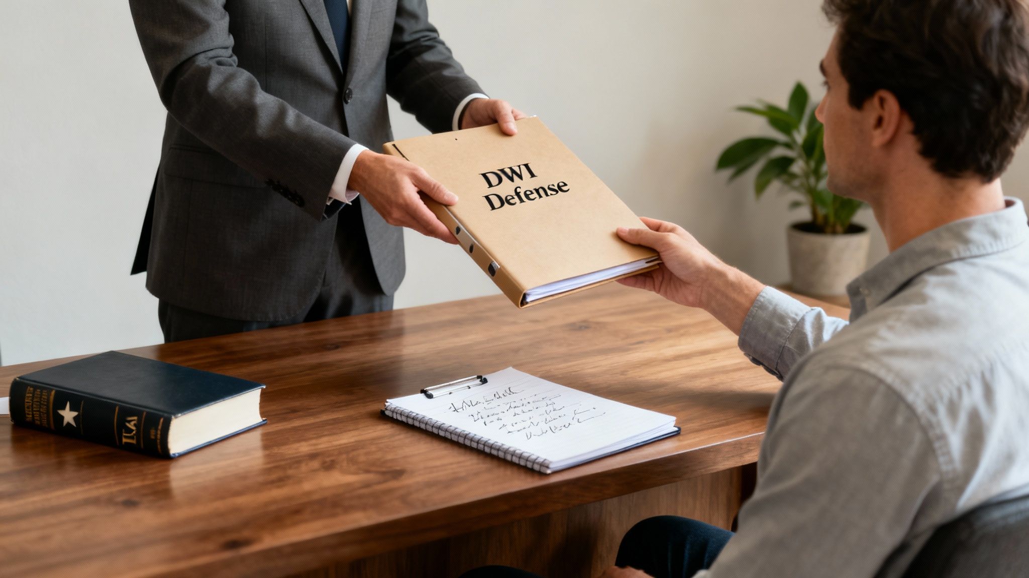 A lawyer reviewing legal documents in an office