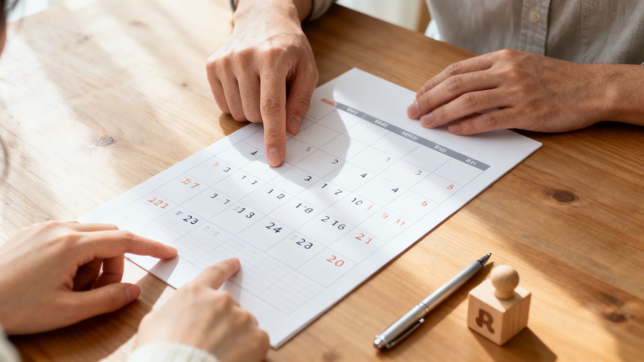 Close-up of two hands pointing at a calendar, planning future events together.