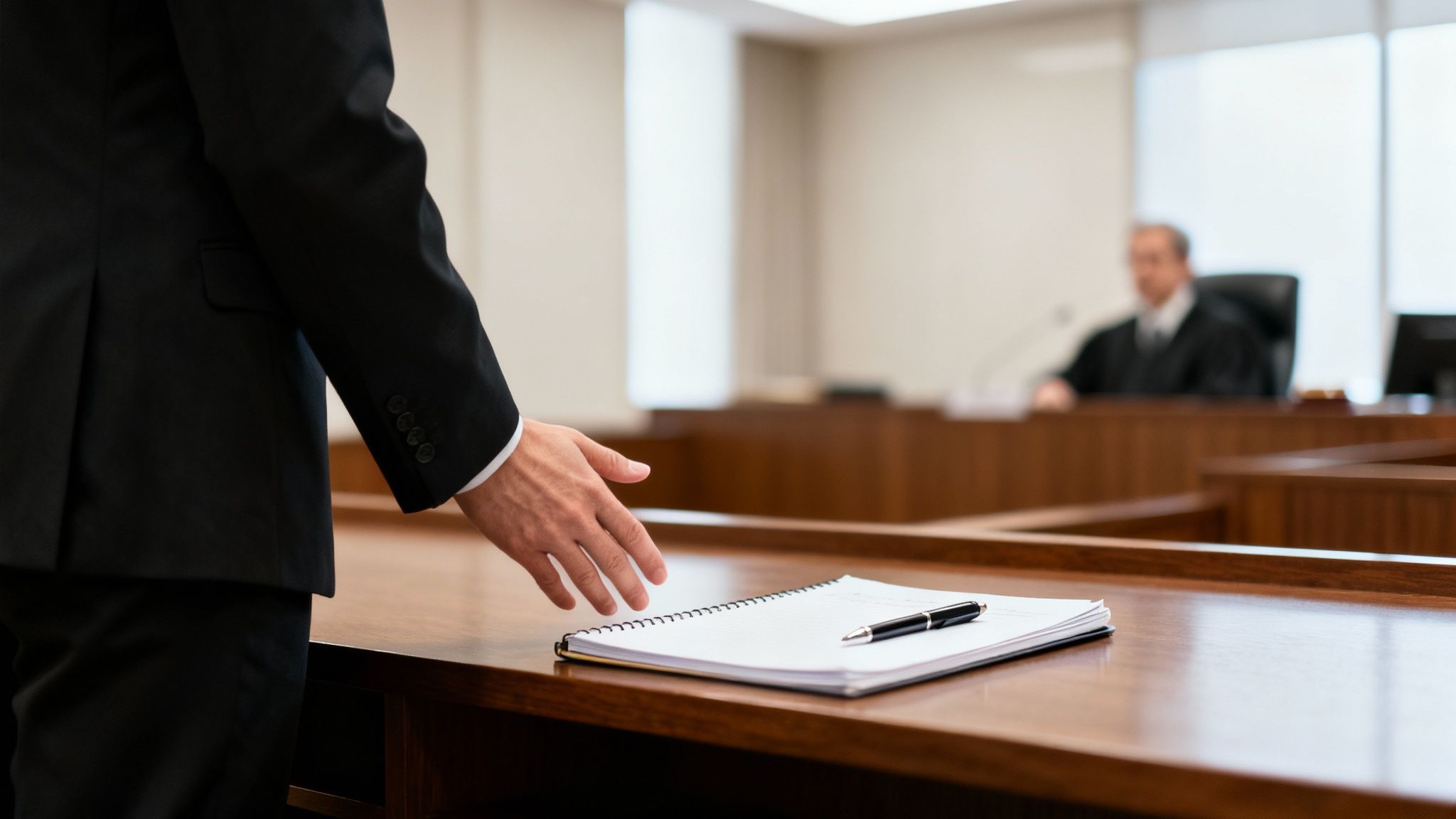A lawyer in a black suit presents a document in a courtroom, with a judge blurred in the background.