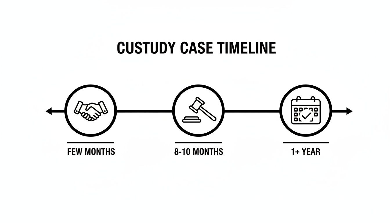 Timeline illustrating the typical duration of a custody case, showing stages from a few months to over a year.