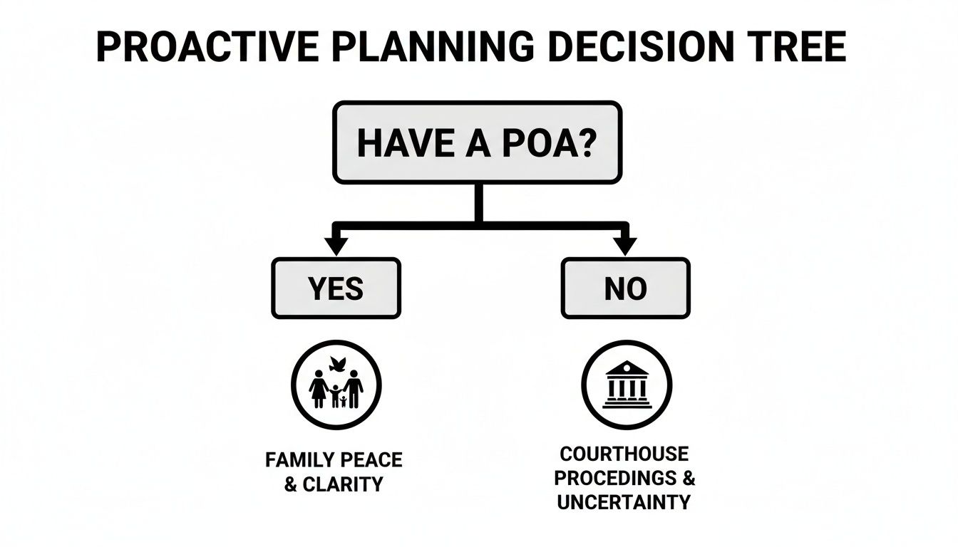 Proactive planning decision tree illustrating pathways of having a Power of Attorney (POA) with outcomes of family peace and clarity versus courthouse proceedings and uncertainty.