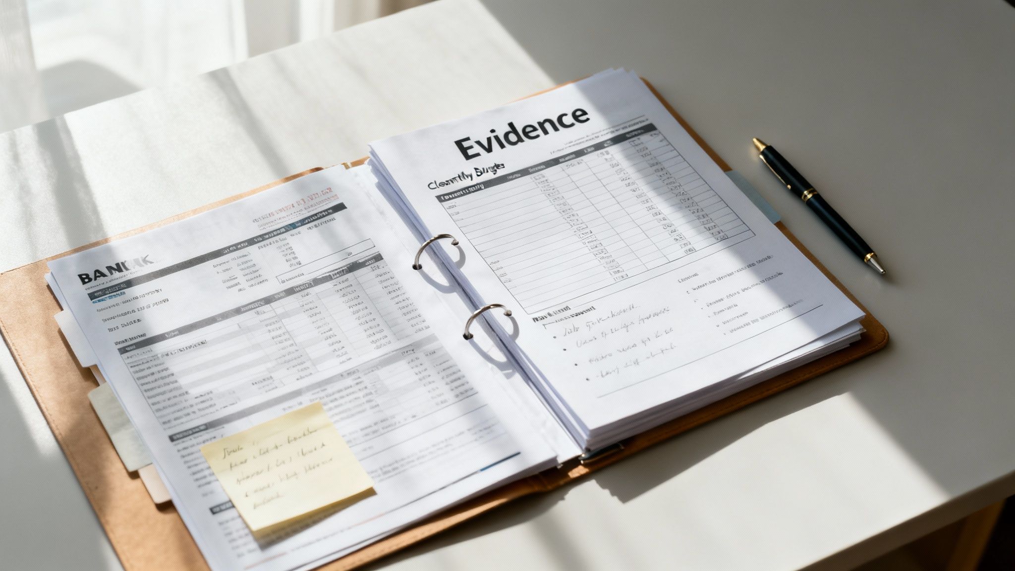 An open binder with 'Evidence' documents, financial statements, a sticky note, and a pen on a white desk.