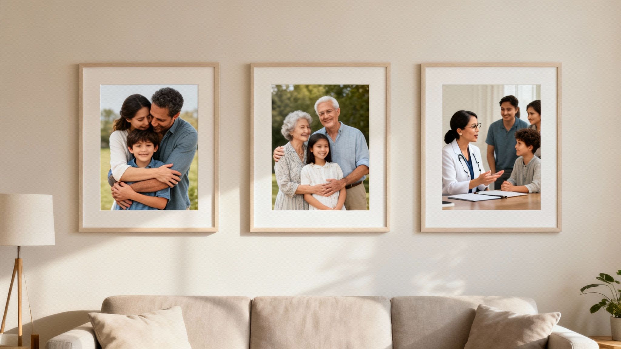 Three framed pictures showing diverse families and a doctor's visit, hanging above a beige couch.