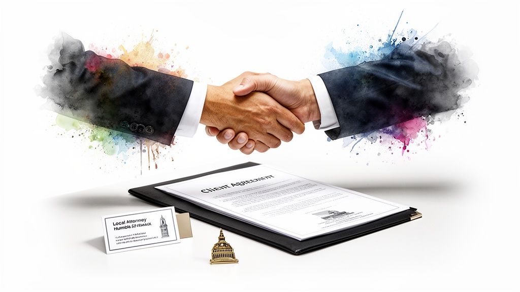Two business people shaking hands above a client agreement, an attorney's business card, and a capitol replica.