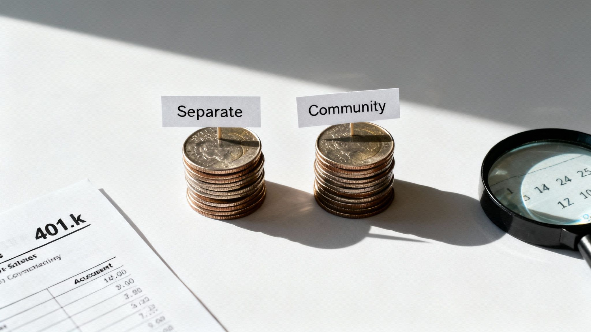 Coins labeled 'Separate' and 'Community' with a 401k document, illustrating asset division.