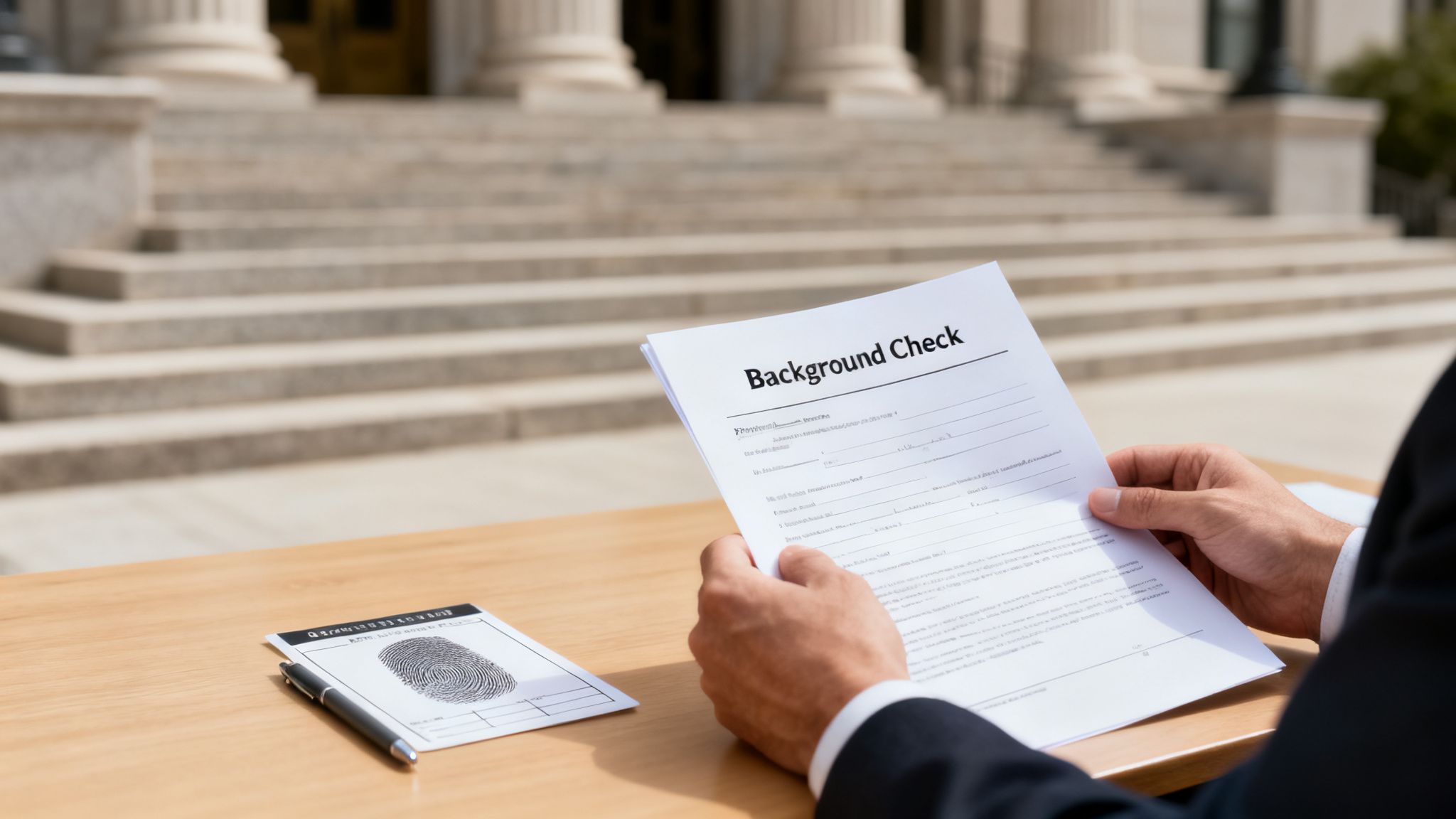 Person reviewing a 'Background Check' document with a fingerprint card and pen on a table.
