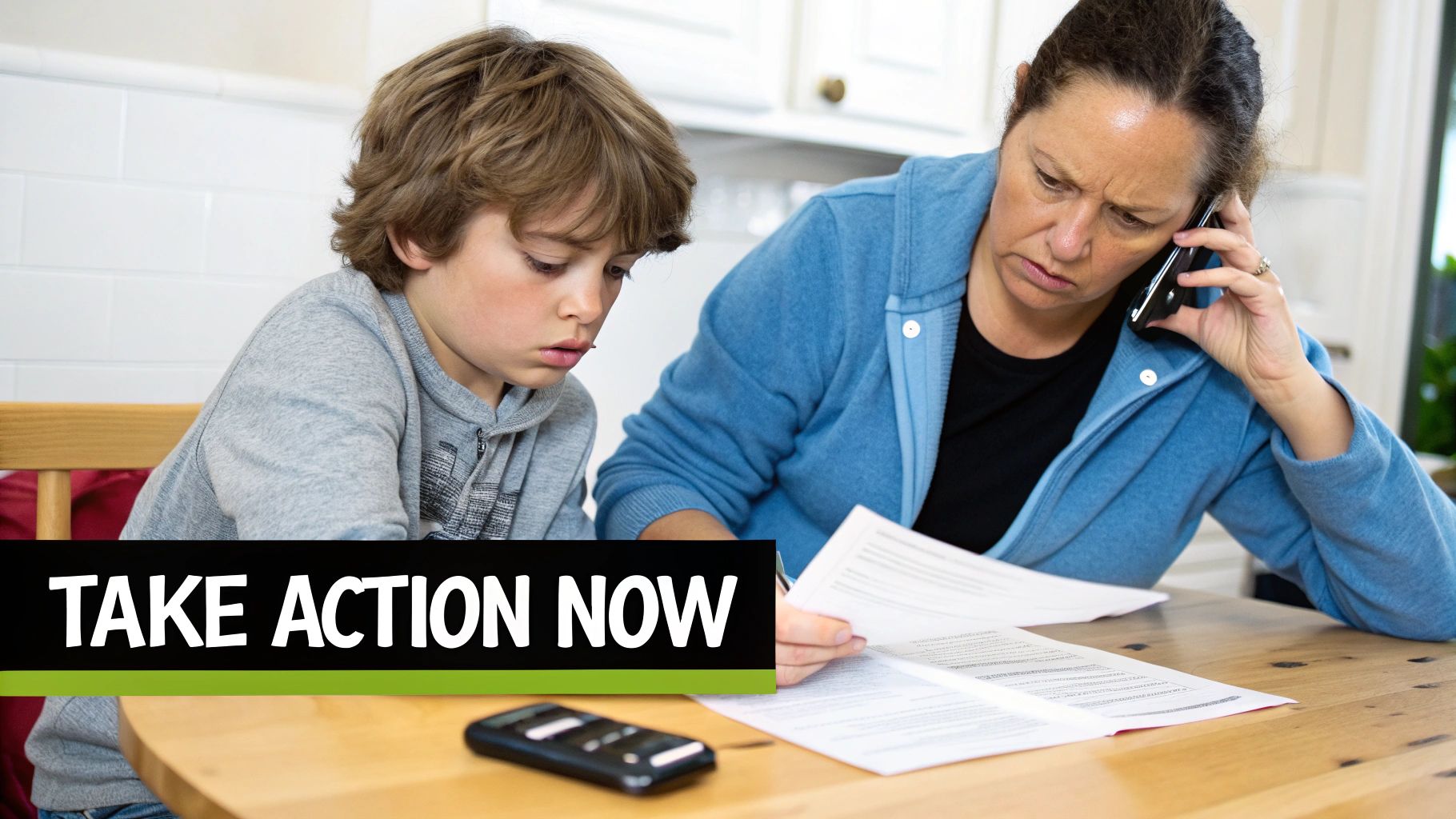Worried mother on the phone reviews documents with her child, facing financial challenges. Take action now.