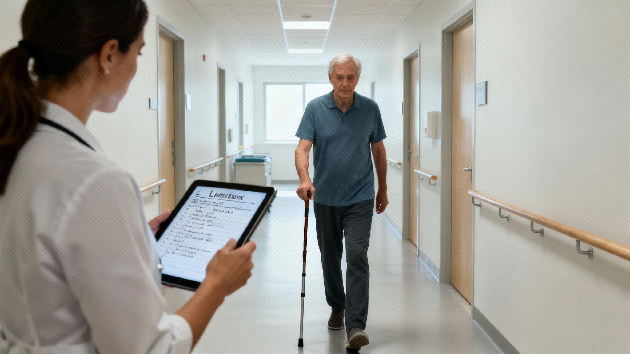 A physical therapist helps a patient with a shoulder mobility exercise.