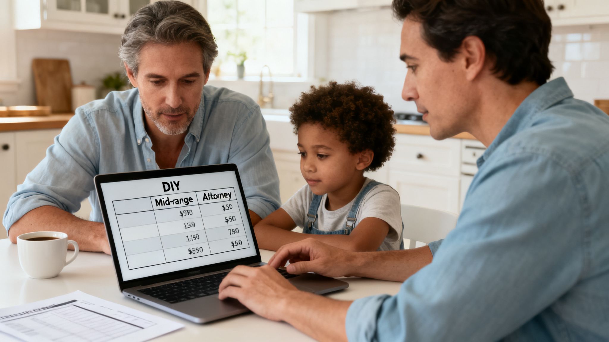 Two men and a child reviewing a laptop with a cost comparison table at home.