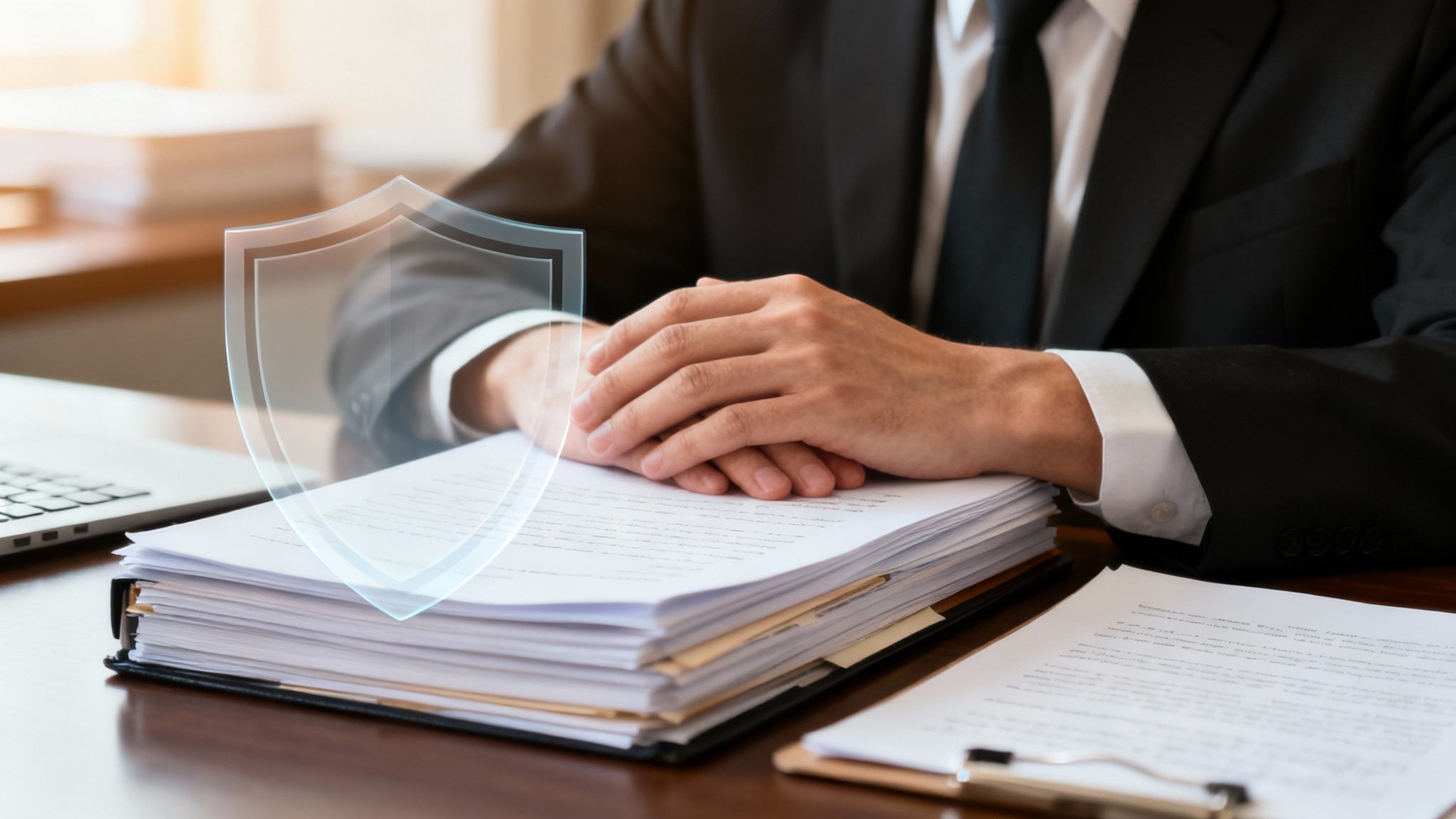 A professional in a suit with hands clasped over legal documents, featuring a digital shield overlay.