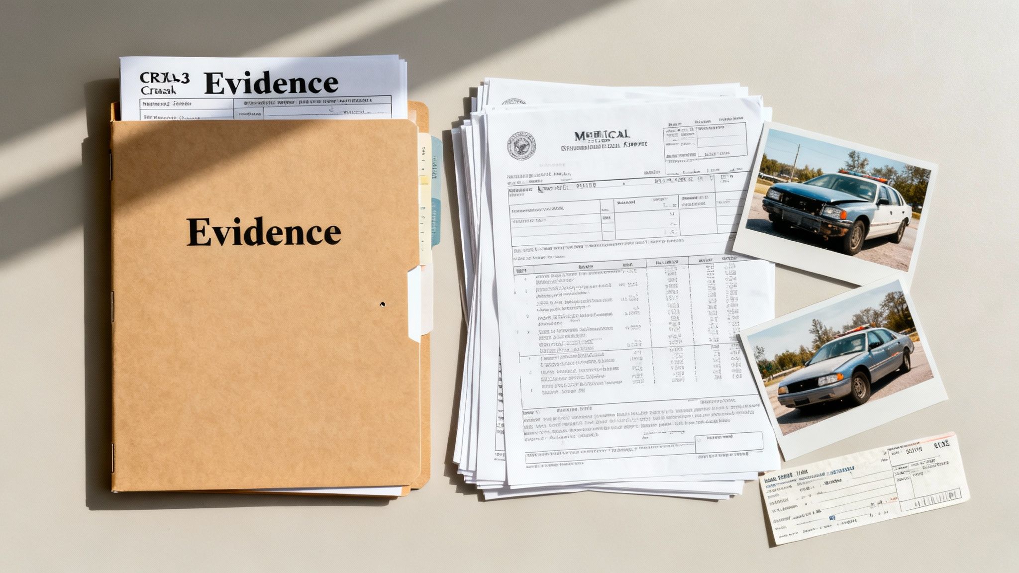 A legal folder labeled 'Evidence' with case documents and instant photos of police cars on a desk.
