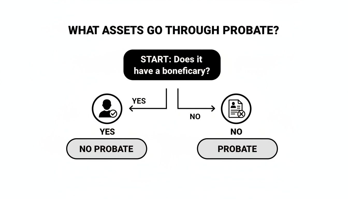 Flowchart illustrating asset probate process, asking if assets have a beneficiary, leading to "No Probate" or "Probate" outcomes, relevant to estate planning and asset distribution.