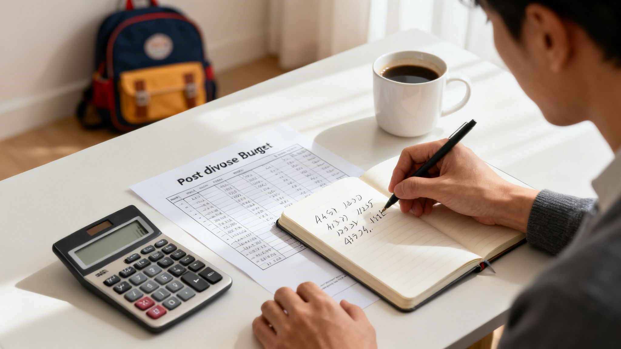 Man planning post-divorce finances with a budget sheet, calculator, and notebook.