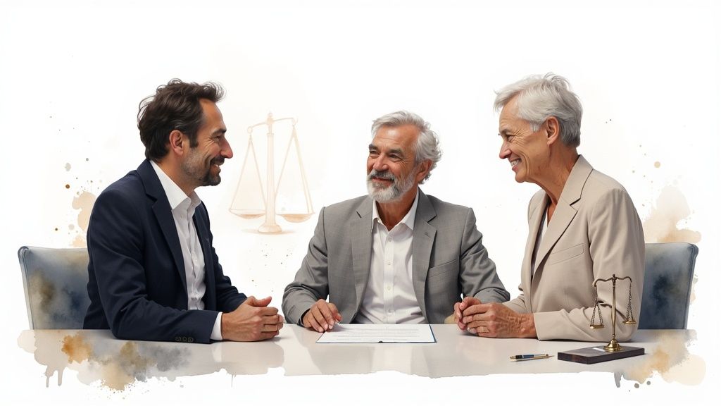 Three professionals discussing special needs trust planning at a table, with legal scales in the background, emphasizing the importance of expert guidance in financial security for individuals with disabilities.