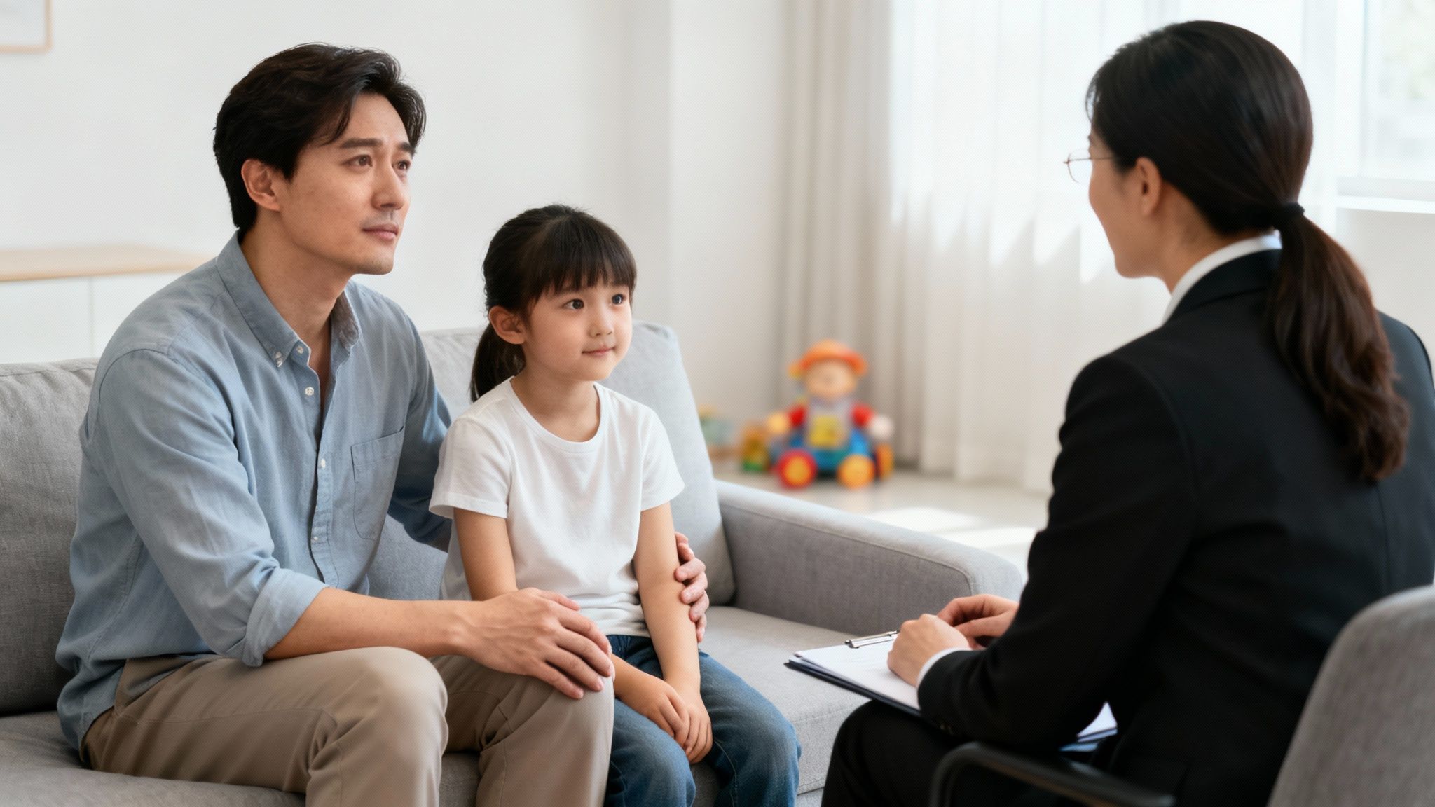 Padre e hija sentados en un sofá, escuchando atentamente a una profesional con un portapapeles.