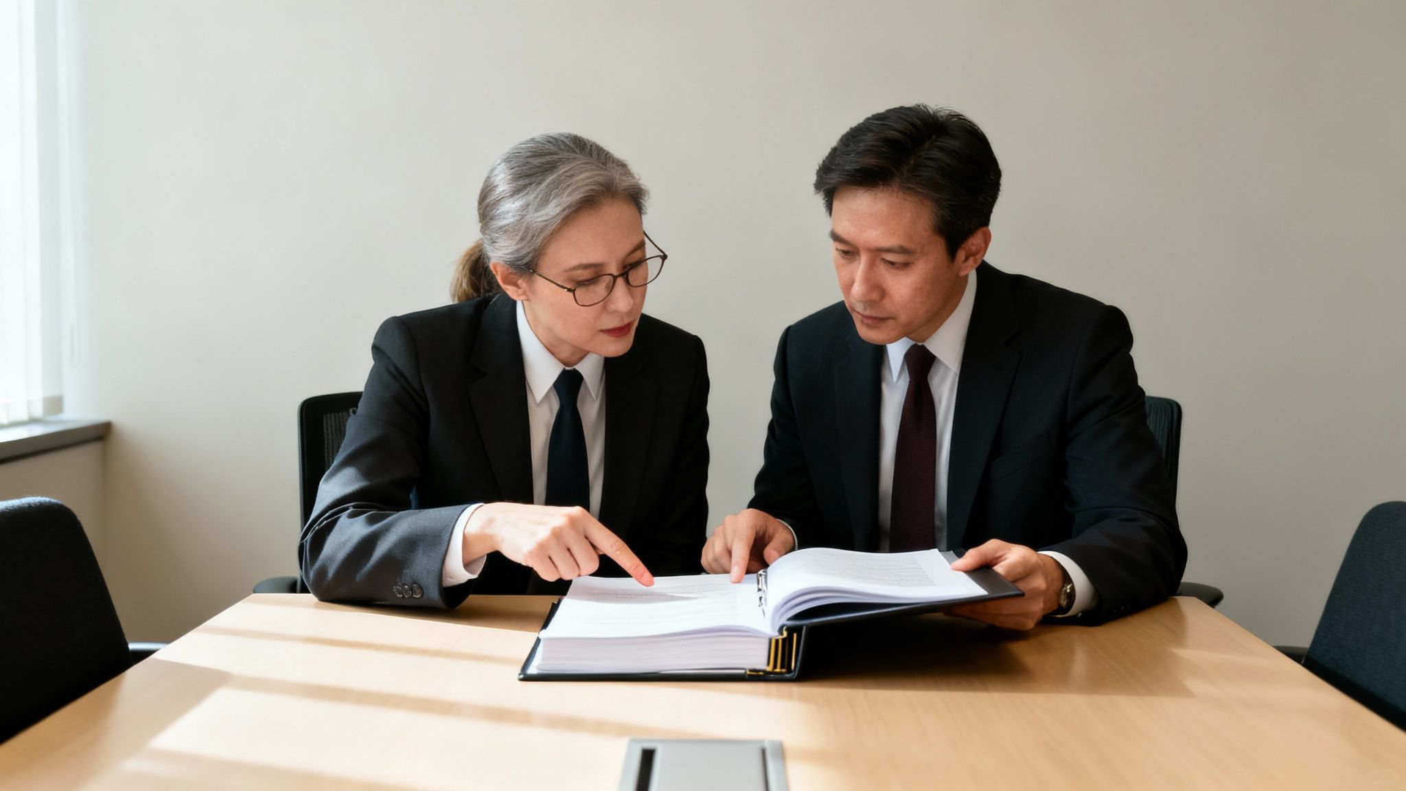 Two professionals in suits, a man and a woman, review documents together at a meeting table.