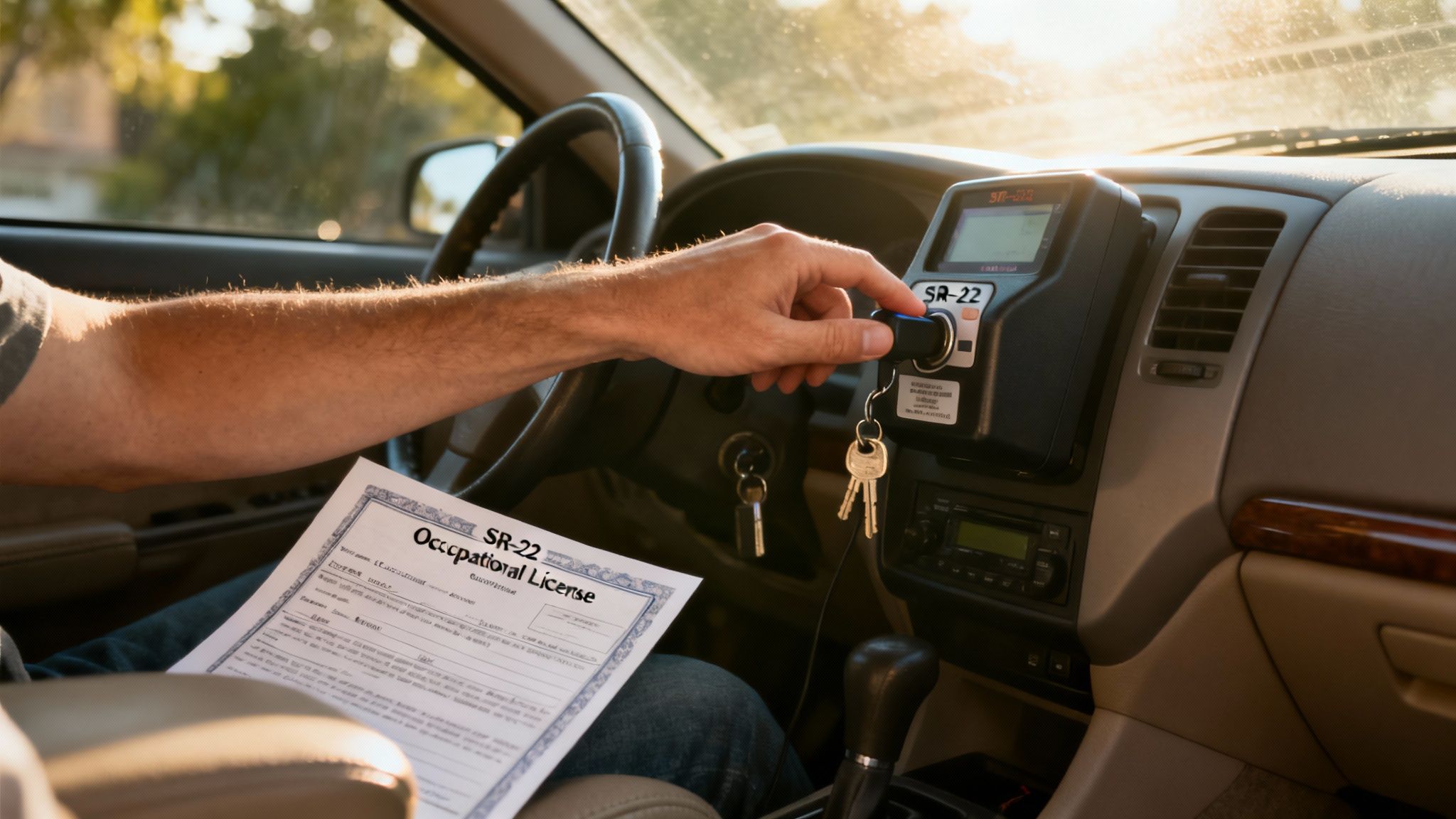 Person starting a vehicle equipped with an Ignition Interlock Device (IID) and holding an SR-22 occupational license form, illustrating steps to reinstate driving privileges after DWI in Texas.