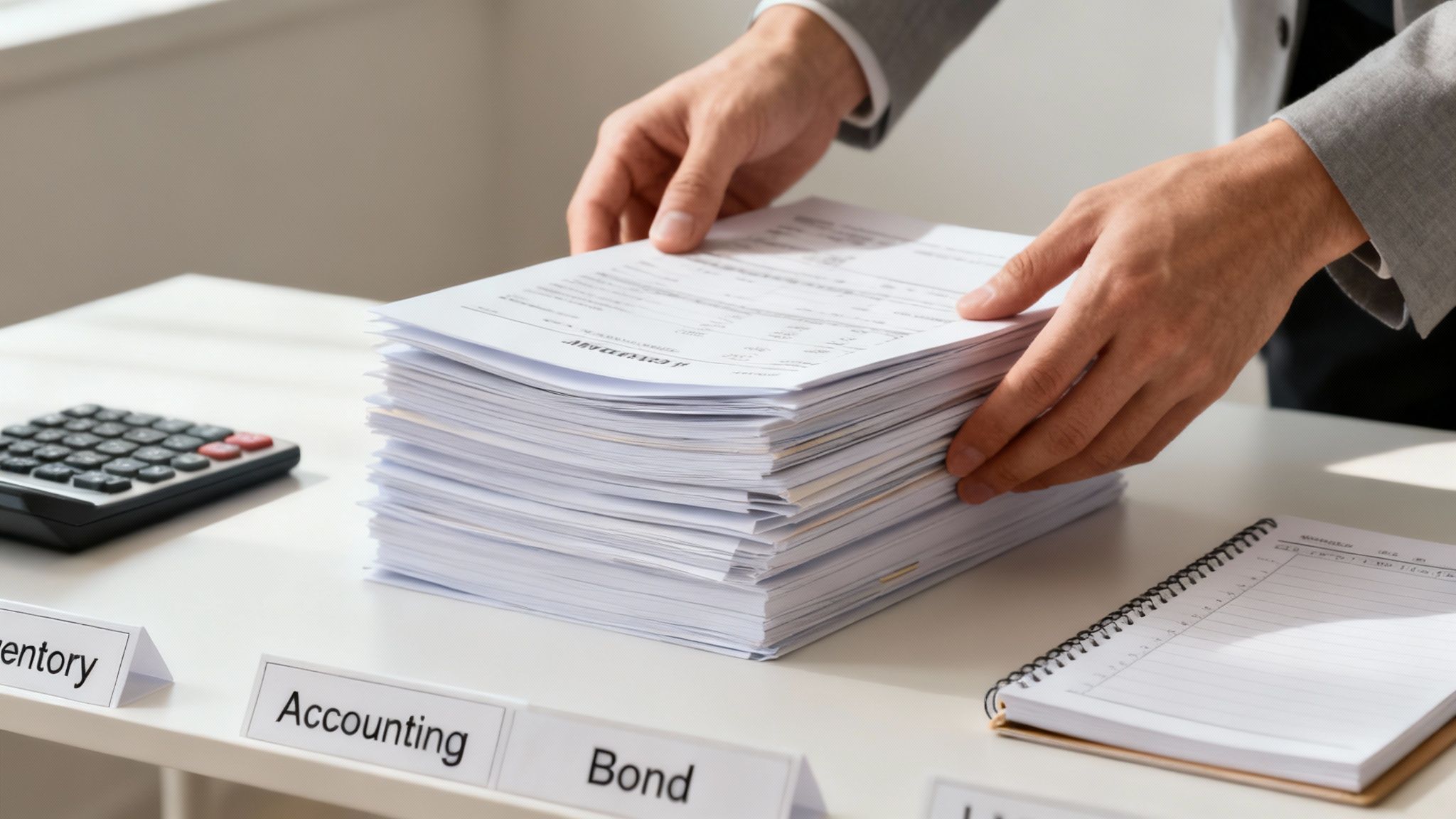 Close-up of a person's hands organizing a large stack of financial documents on a desk with a calculator.