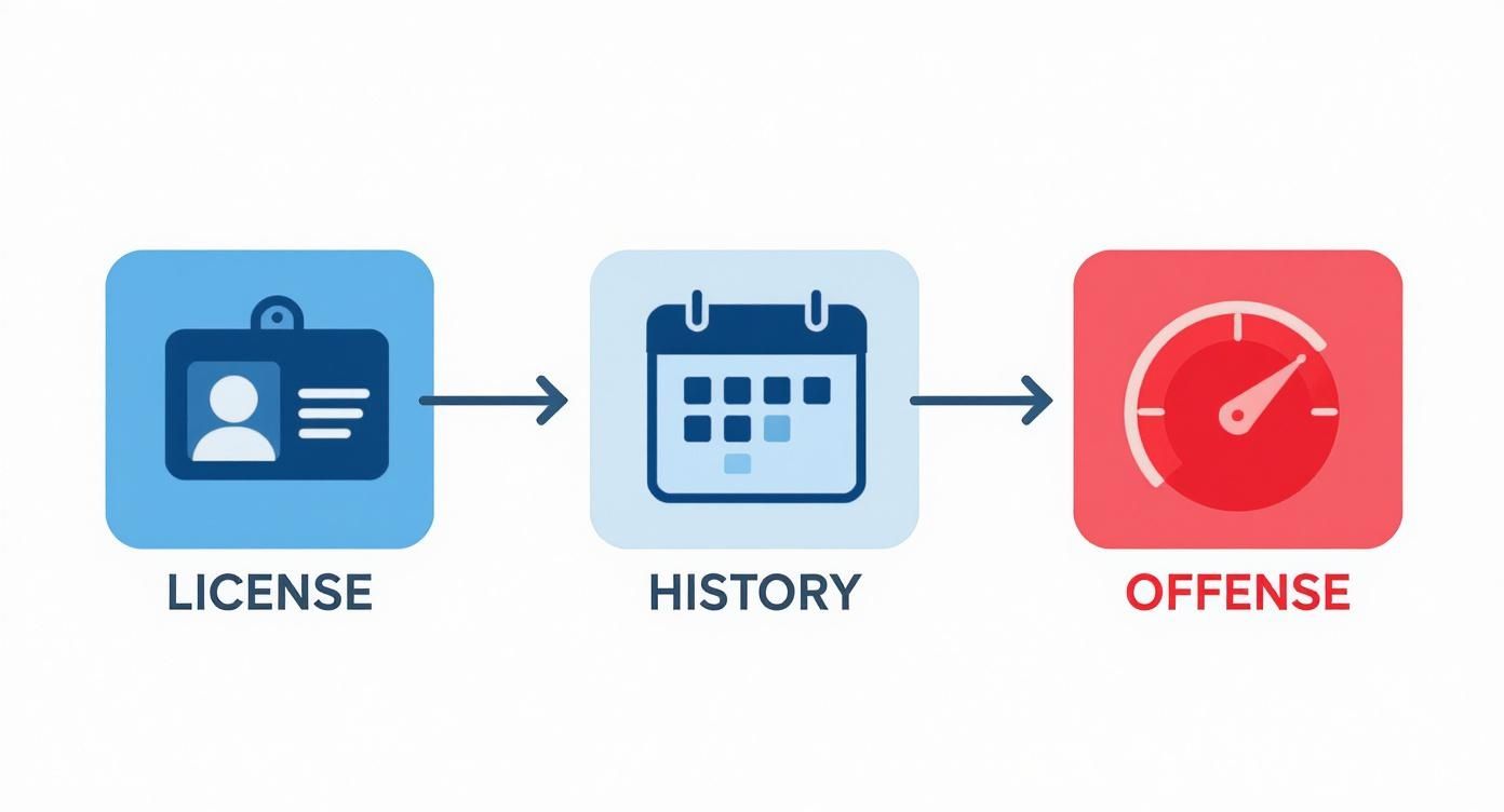Flowchart illustrating the evaluation criteria for deferred adjudication requests, featuring icons representing license, driving history, and traffic offense.