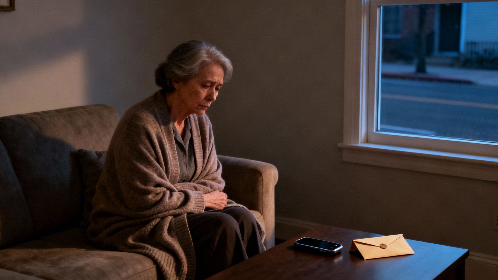 A pensive senior woman sits alone on a couch in dim light with a letter and phone nearby.
