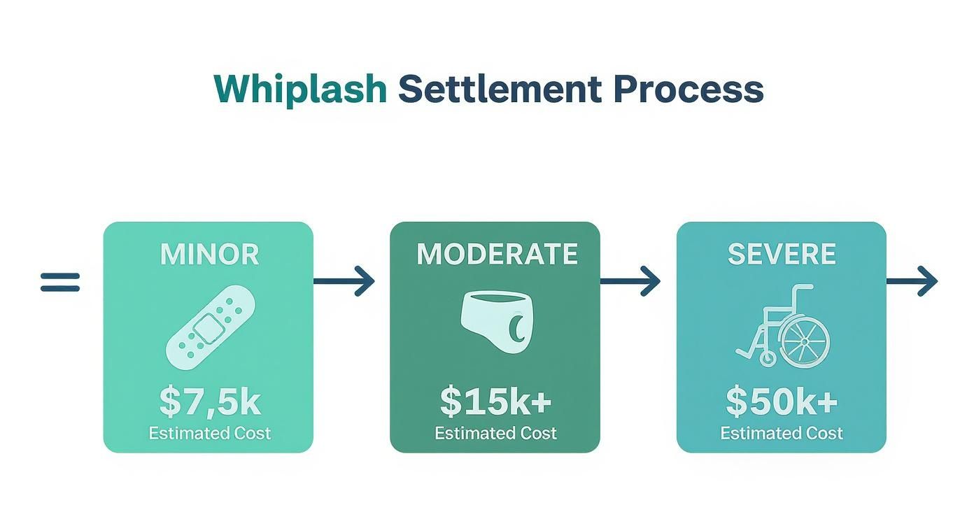 Infographic showing the process flow and potential settlement ranges for minor, moderate, and severe whiplash injuries.