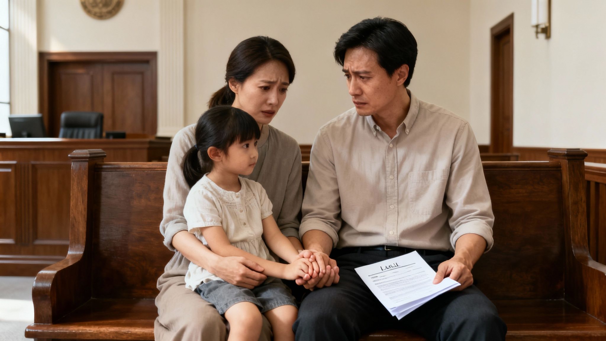 Distressed Asian family, including a young child, sitting in a courtroom during a difficult legal process.
