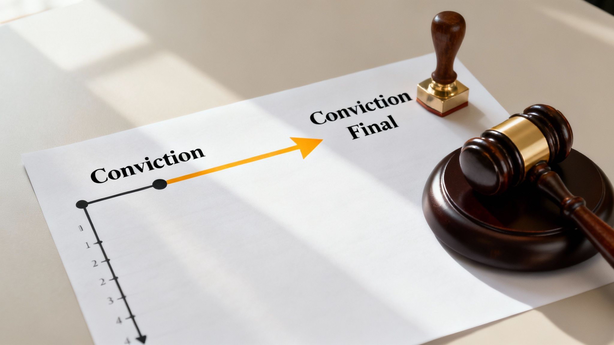 A paper illustrating the legal process from conviction to final, with a gavel and stamp.