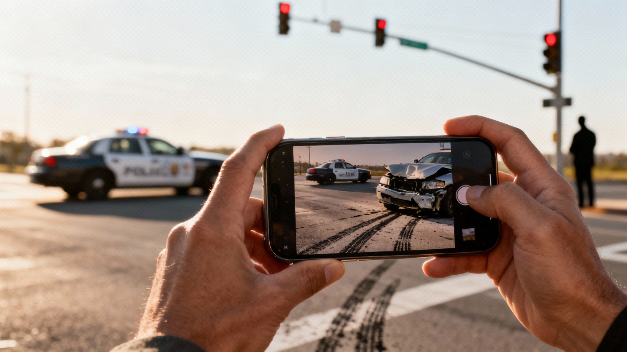 Hands holding a smartphone taking a photo of a t-bone car accident scene with a police car.