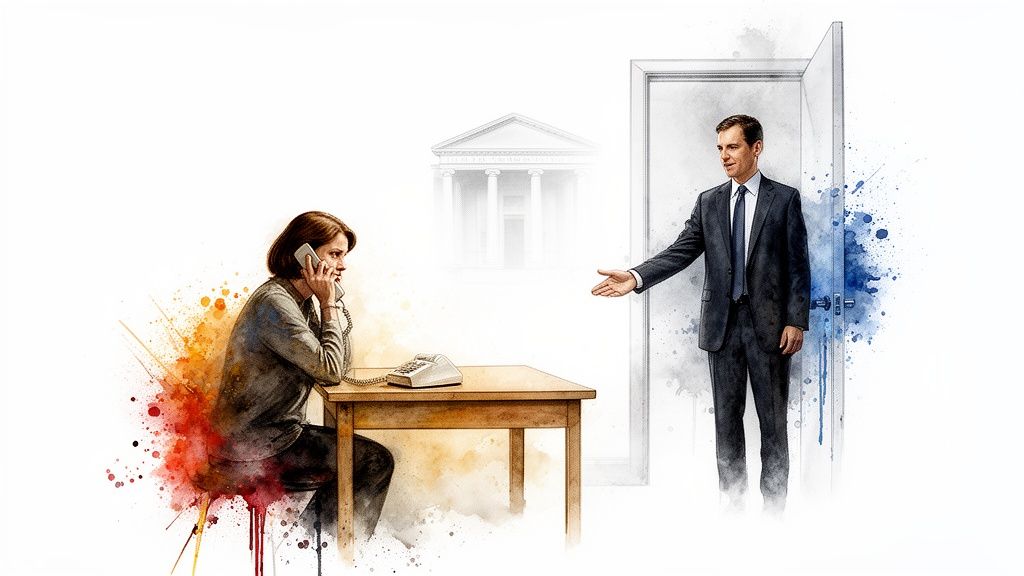 Watercolor illustration of a woman on phone, man in suit in open door, and a courthouse.