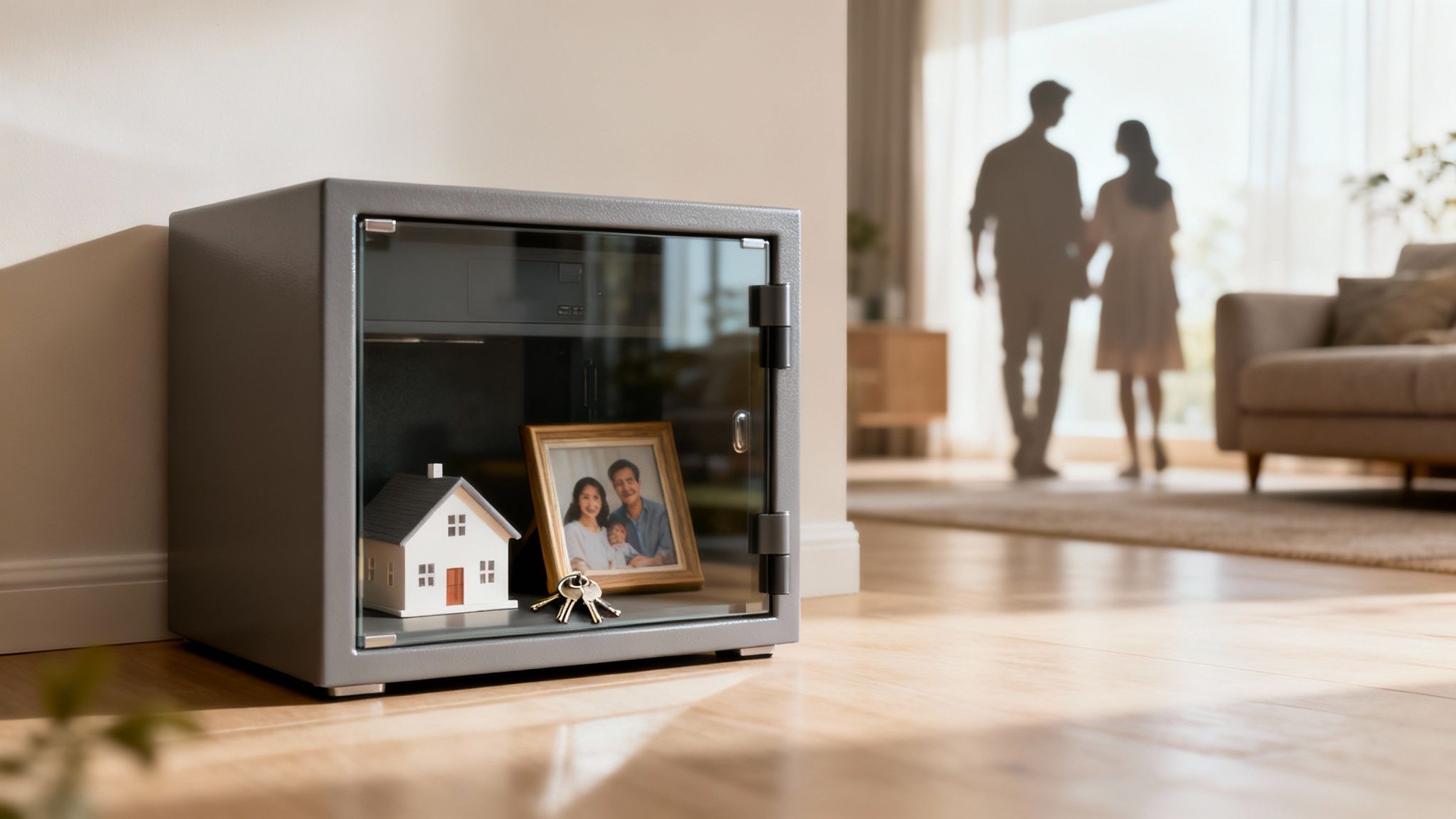 Secure vault showcasing a miniature house, family photo, and keys, symbolizing asset protection and estate planning in a modern living space.