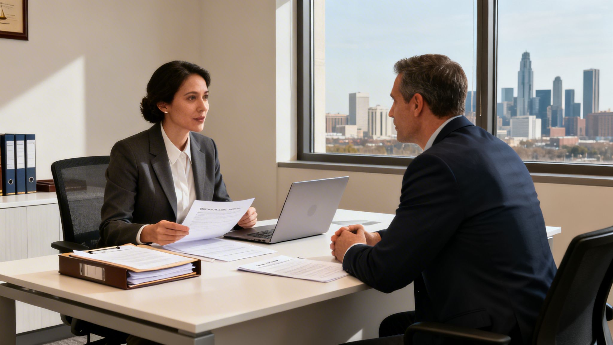 Two professionals discussing documents at a desk in a modern office with a city skyline view.