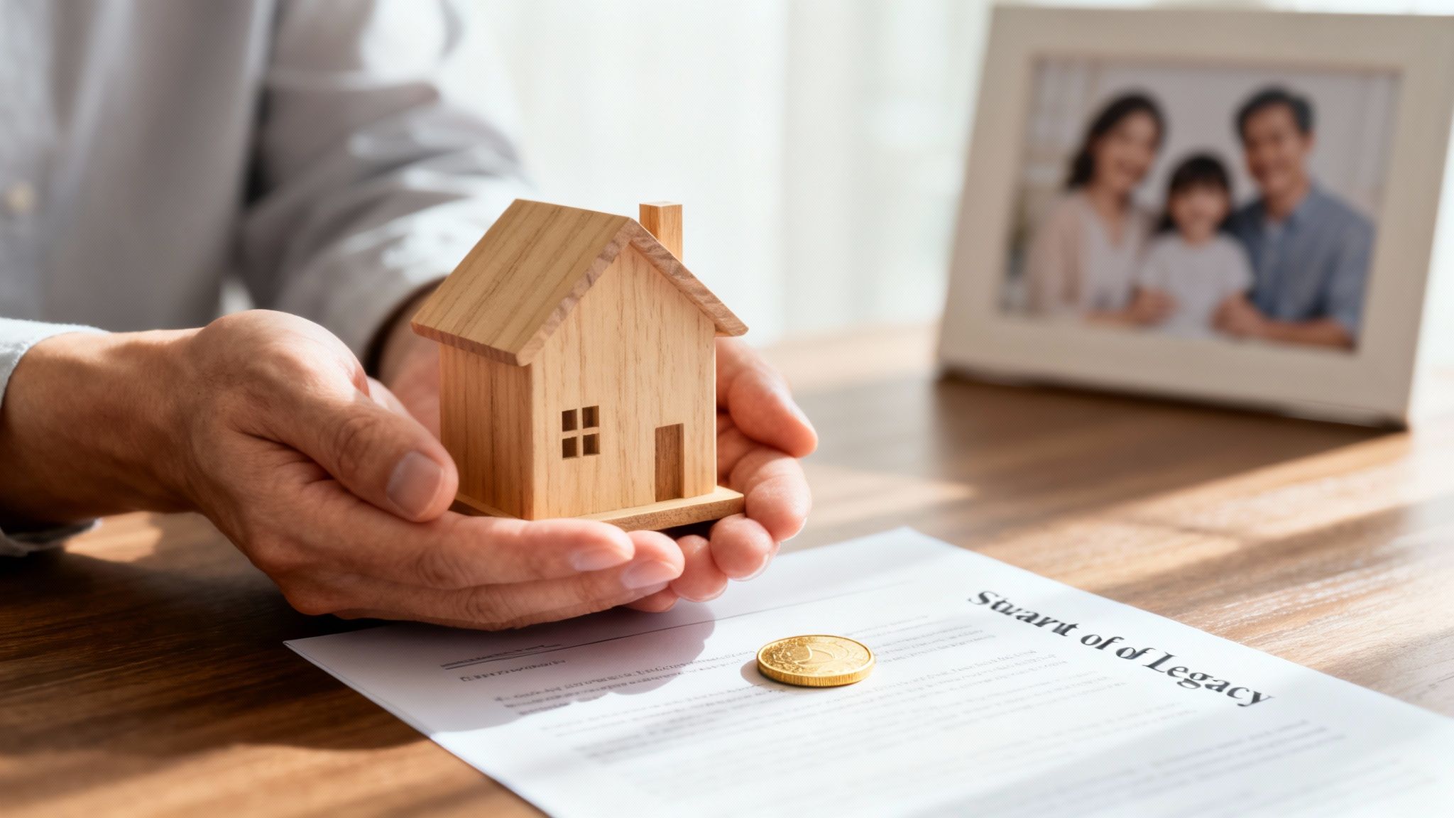 Hands holding a wooden house model above a legacy document, with a gold coin and family photo.