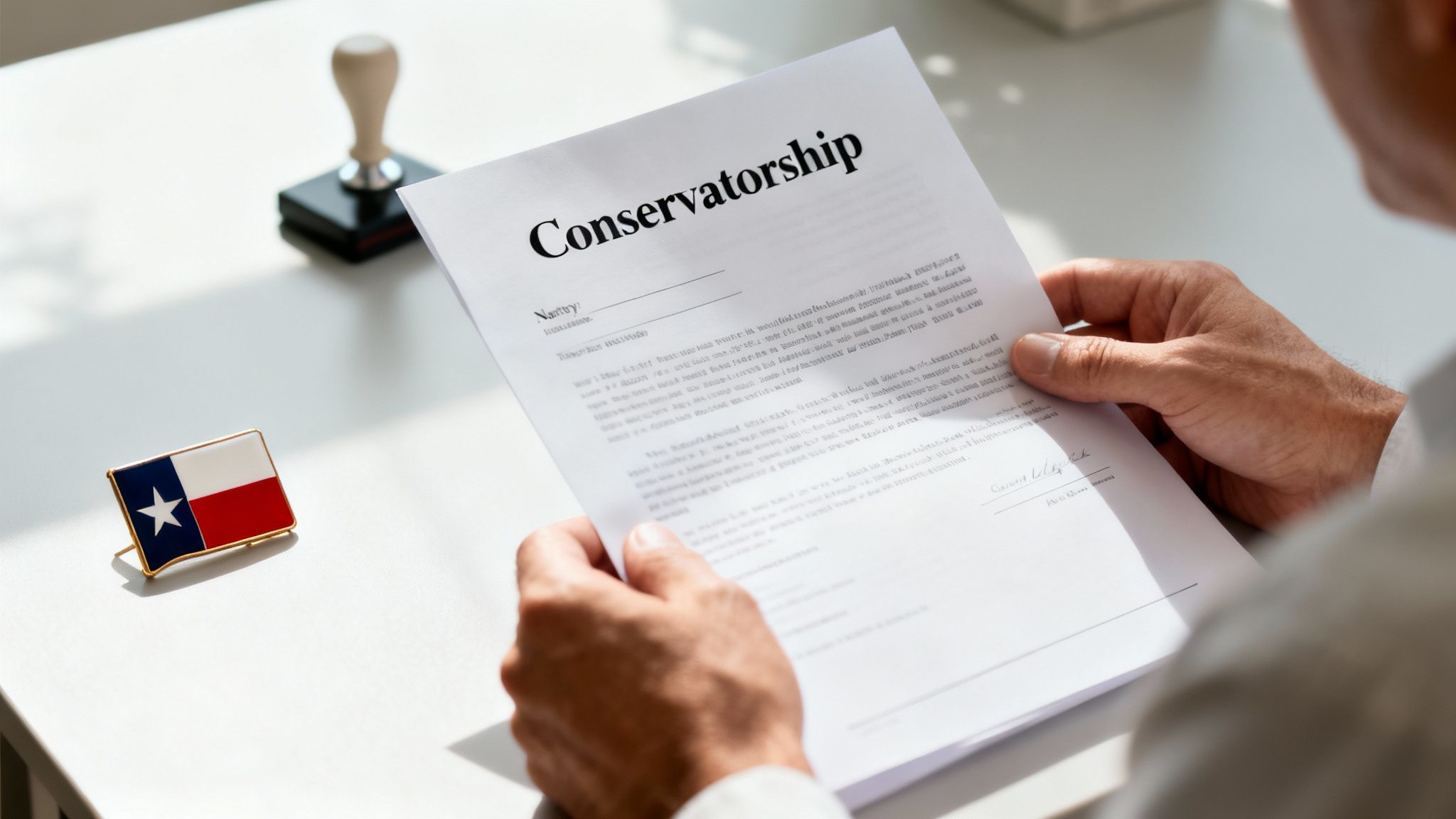 Document titled "Conservatorship" held by a person, with a Texas flag pin and a stamp in the background, representing legal authority in child custody matters in Texas.