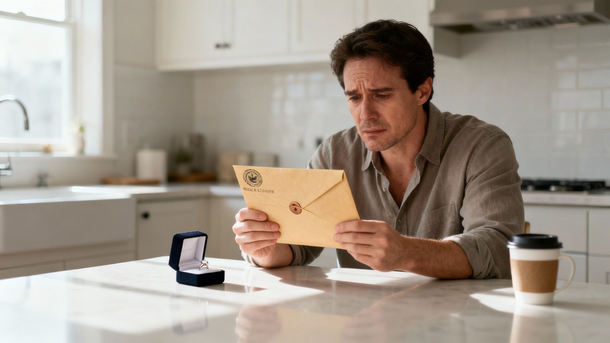 A sad man holds a sealed letter, looking at it with despair, with an engagement ring and coffee nearby in a bright kitchen.