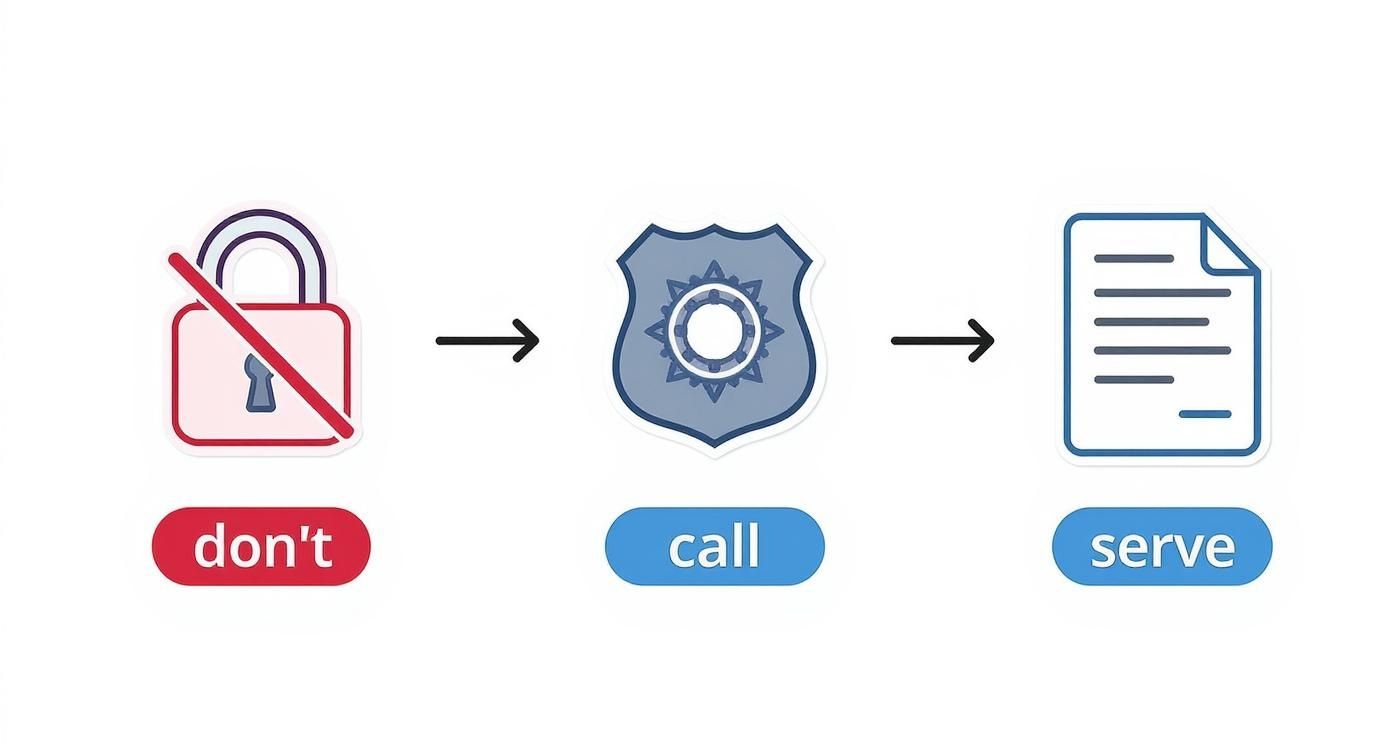 Don't lock out, call police, serve eviction notice illustration.