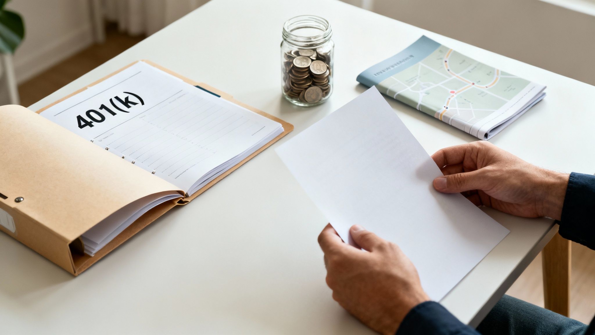 Person reviewing 401(k) documents, savings jar, and map brochure on a white desk.
