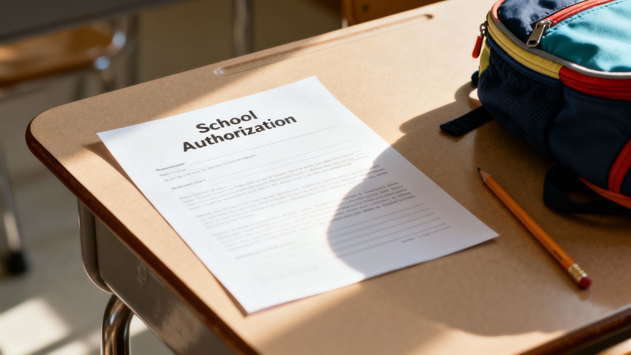 A 'School Authorization' form lies on a student's desk with a colorful backpack and pencil nearby.